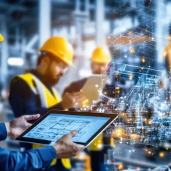 Three male engineers in a factory setting reviewing data on a large digital screen.
