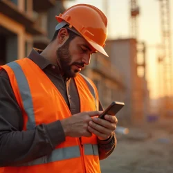 Worker in safety vest using smartphone at construction site.