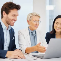 Laptop, happy and business people reading online research article