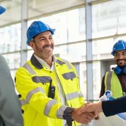 Workers Handshake and Smiling